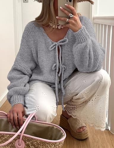 PRETTYGARDEN Women's Tie Front Bow Cardigan Sweaters Chunky Knit Long Puff Sleeve Trendy Fall Winter Jacket Coats (Grey,Small) - Image 6