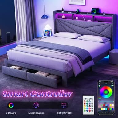 Driftalia LED King Size Bed Frame with 2 Storage Drawers, Upholstered King Bed Frame with Headboard and Charging Station, No Box Spring Needed, Easy to Assembly-Light Grey - Image 3