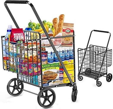 455lbs Shopping Cart for Groceries, Large Heavy Duty Grocery Cart on Wheels, Folding Dual Basket Utility Carts with Waterproof Liner, Shopping Carts for Transport, Laundry, Gift, Luggage - Image 8