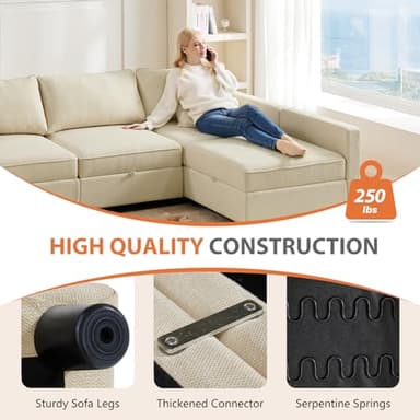 Sweetcrispy Convertible Sectional Sofa Couch, 6 Seat 6 Backs Sofa Set with Storage for Living Room, U-Shaped Modern Modular Sofa Sleeper with Reversible Chaise, Beige - Image 3