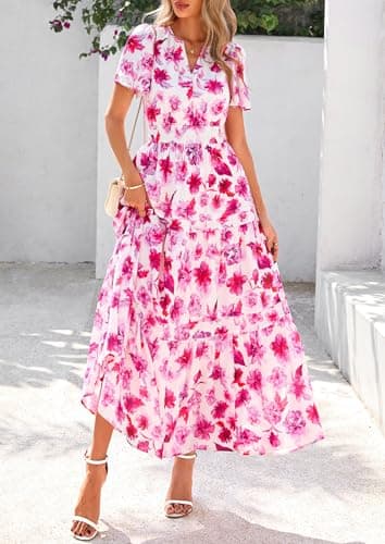 PRETTYGARDEN Women's 2025 Summer Boho Maxi Dresses Floral Short Sleeve V Neck A Line Tiered Flowy Long Beach Vacation Dress (White Pink Floral,Large) - Image 7