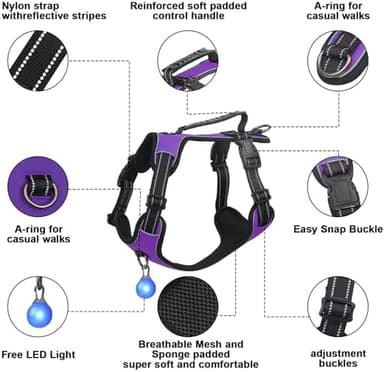 Dog Harness Purple No Pull Y Shaped for Medium Sized Dog, Small to Large Dogs Reflective Adjustable Easy Walk Puppy Harnesses,Heavy Duty Girl Boy Pet Vest 3 Buckle with Handle & Light,S - Image 5