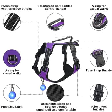 Perperqer Dog Harness Purple No Pull Y Shaped for Medium Sized Dog, Small to Large Dogs Reflective Adjustable Easy Walk Puppy Harnesses,Heavy Duty Girl Boy Pet Vest 3 Buckle with Handle & Light,L - Image 5