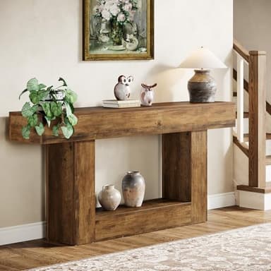 Tribesigns 63" Console Table, Farmhouse 2-Tier Entryway Table with U-Shaped Base, Narrow Long Wood Sofa Table Behind Couch Table for Living Room, Hallway, Foyer, Vintage Brown - Image 5