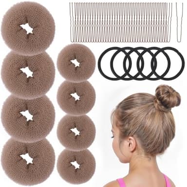 FANDAMEI Donut Bun Makers- 4PCS Extra Small 4 PCS Small Hair Bun Maker for Kids, Ballet Bun Donuts for Hair, with 5 Elastic Hair Ties and 40 Pins (Tan Brown) - Image 1