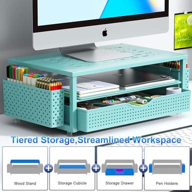 gianotter Desk Organizers and Accessories, Monitor Stand with Drawer and 2 Pen Holder, Desktop Organizer Suitable for Offices and Dormitories (Blue) - Image 3