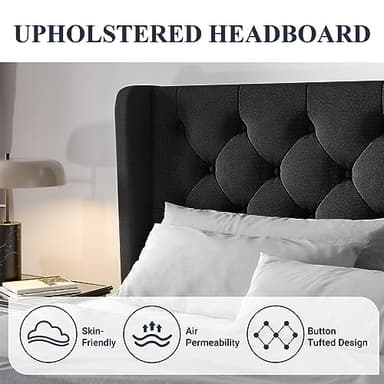 Allewie King Size Bed Frame with Button Tufted Wingback Headboard, Modern Upholstered Bed Frame with Solid Wooden Slats Support - No Box Spring Needed, Easy Assembly, Black - Image 4
