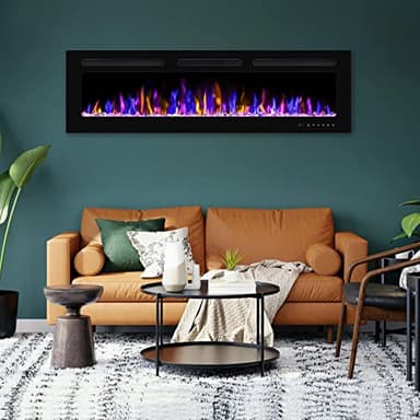 BETELNUT 60" Electric Fireplace Wall Mounted and Recessed with Remote Control, 750/1500W Ultra-Thin Wall Fireplace Heater W/Timer Adjustable Flame Color and Brightness, Log Set & Crystal Options - Image 6
