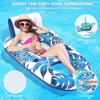 JCLEAL Pool Floats Lounger, Inflatable Pool Floaties Rafts Adult Extra Large Recliner Tanning Lounge Chair Water Floaty with Backrest Footrest Cup Holder for Swimming Pool Beach Lake and Vacation - Image 2