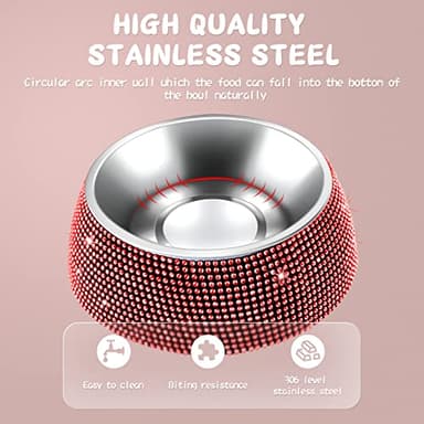 eing Dog Bowls, Stainless Steel Pet Bowls with Bling Rhinestones,Pet Bowls Food Water Feeder with Non-Skid Rubber Base for Puppy Cats Dogs (320ML,2 - Pack, Red) - Image 5
