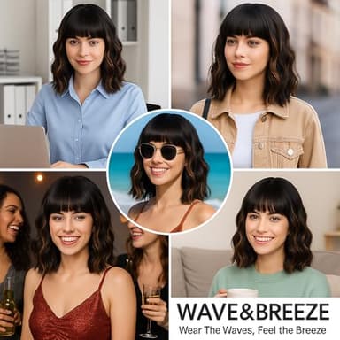 Black Mixed Brown Highlights Wigs for Black Women Short Wavy Curly Wig With Bangs Natural Looking Synthetic Hair Wigs Heat Resistant Fiber Wig for Daily Party - Image 9