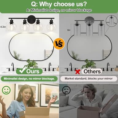 2025 Upgrade 4-Light Bathroom Light Fixtures, Black Bathroom Lights Over Mirror with Clear Glass Globe Shade, Vanity Lights for Bathroom Kitchen Living Room Hallway Cabinet Bedroom Porch - Image 6