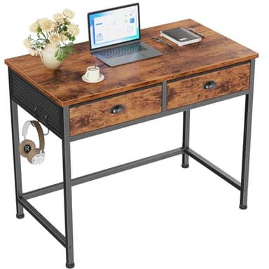 Furologee Small Computer Desk with 2 Fabric Drawers for Bedroom,34 Inch Home Office Writing Desk, Vanity Desk with Hooks, Simple Study Desk for Small Spaces, Makeup Dressing Table, Rustic Brown - Image 1