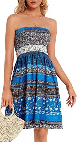 CHICGAL Summer Dresses for Women Beach Cover Ups Strapless Boho Floral Print Sundress(Flower Blue,M) - Image 8