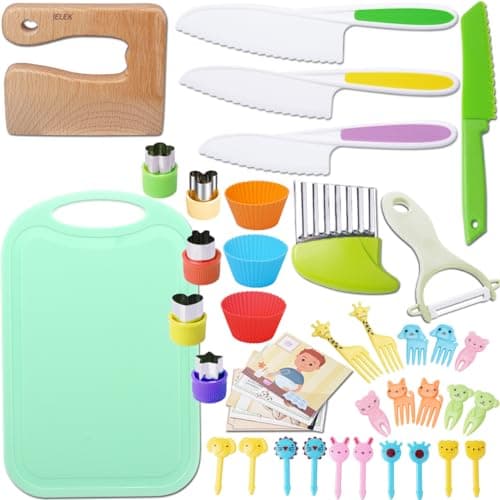 Kids Knives Set for Real Cooking - Toddler Knife Set with Cutting Board, Kids Safe Knife, Peeler, Plastic Potato Slicers, Fruit Cutters and Fork Picks for Kitchen - Image 1