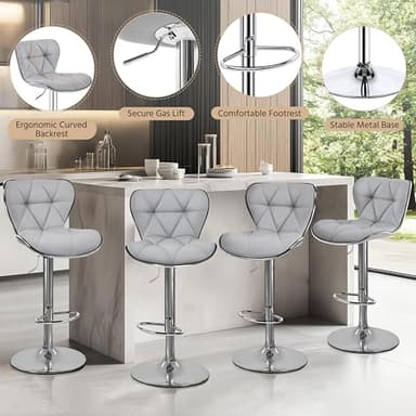 Yaheetech Bar Stools Set of 4, Island Chairs Shell Back, PU Leather Adjustable Barstools, Swivel Barstools with Footrest for Home Kitchen, Light Gray - Image 7