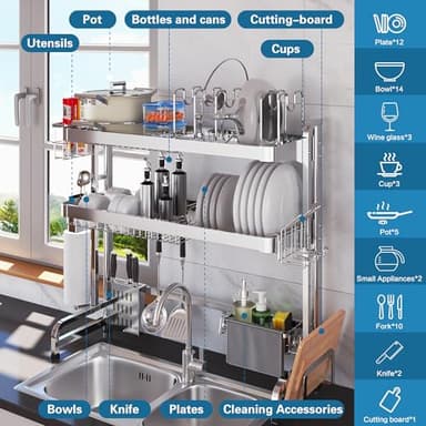 LIVOD Over The Sink Dish Drying Rack,3 Tier Adjustable Length Full Stainless Steel Large Storage Kitchen Dish Rack,for Kitchen Counter Expandable Multifunctional Organizers,Silver (25.98-37.6") - Image 2