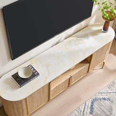 OKD Luxury 70" Fluted TV Stand, Modern Chic Entertainment Center for TVs Up to 80 inches, TV Console with Faux Marble Top, Curved Profile Design, Media Console for Living Room, Natural Oak - Image 3