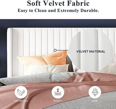 Allewie Full Size Velvet Bed Frame/Vertical Channel Tufted Wingback Headboard/Upholstered Platform Bed/Strong Wooden Slats/No Box Spring Needed/Easy Assembly/White - Image 7