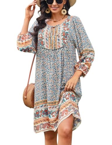 Bluetime Women Casual Summer Dress Boho V Neck 3/4 Sleeve Babydoll Floral Print Flowy Beach Dress (L, Light Apricot) - Image 1