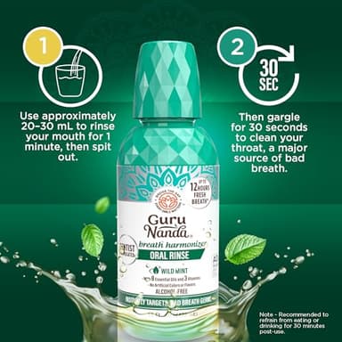 GuruNanda Fresh Breath Mouthwash, ADA-Accepted, Alcohol & Fluoride-Free, Sodium Chlorite, Essential Oils & Vitamins, 12-Hrs Fresh Breath, Wild Mint, 16 oz - Image 6