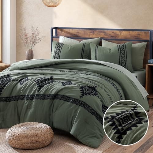 MAIREVE Olive Green Embroidery Comforters Set Queen Size - 7 Pieces, Farmhouse Western Bedding All Season Bed in A Bag Queen, Boho Comforter Set with Sheets, Pillowcases & Shams - Image 1