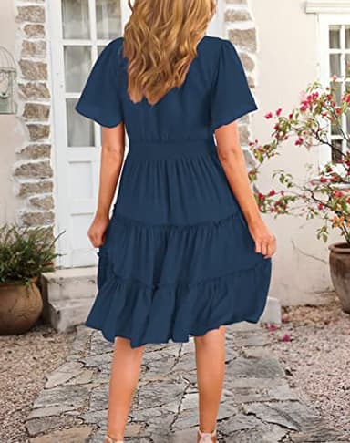 Zattcas Women 2025 Sping Summer Dress Short Sleeve V Neck Smocked Casual Flowy A Line Tiered Modest Teacher Work Graduation Wedding Guest Midi Dress Navy Blue XL - Image 5