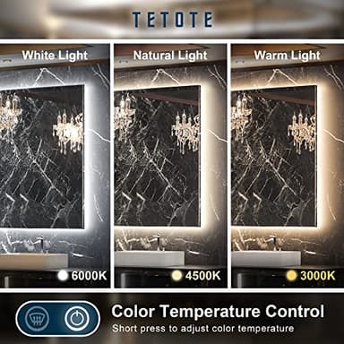 TETOTE 48 x 30 LED Backlit Bathroom Mirror with Light,3Color White/Warm/Natural,Anti-Fog Lighted Mirror,Dimmable,Vanity Mirror,Wall Mounted - Image 3