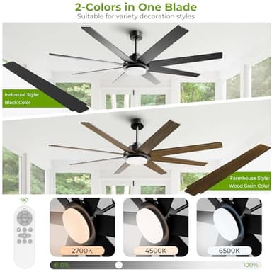 72 Inch Ceiling Fans with Lights and Remote, Outdoor Indoor Black LED Big Ceiling Fan Reversible 24db Quiet DC Motor, 6 Speed 3CCT Dimiable, Modern Ceiling Fans for Patios Living Room Farmhouse Garage - Image 5