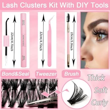 Lash Clusters Kit, 640 Pcs Eyelashes Clusters Extensions Kit 9-16mm Individual Lashes D Curl Fluffy Wispy False Eyelashes Thin Band, with Bond Seal Tweezers Brush DIY (30D+40D+50D+60D Kit 9-16mm) - Image 3