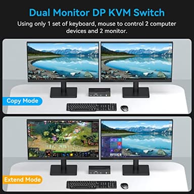 ATLAHET Displayport KVM Switch 2 Monitors 2 Computers 8K 60Hz 4K 120Hz Dual Monitor USB 3.0 KVM Switches for 4 USB Devices, Wired Extension Button,12V DC Adapter and USB3.0 Cables - Image 3