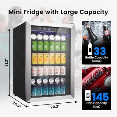 Feelfunn 4.5 Cu.Ft Beverage Refrigerator Cooler - 145 Can Mini Fridge Glass Door for Soda Beer Wine, Small Refrigerator for Bedroom Office Home Bar, 4 Adjustable Shelves, Silver - Image 2