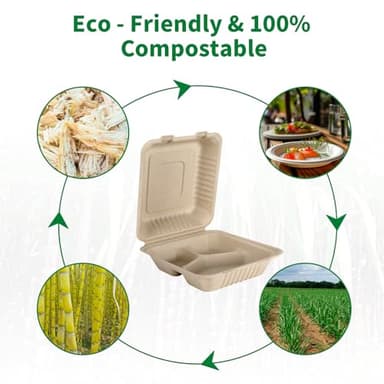 Aricsen 50 Pack 3 Compartment Compostable 8x9 Inch Takeout Lunch Box Containers with Lid To Go Take Out Clamshell for Food, Disposable Eco-Friendly Biodegradable Bagasse, PFAS-Free, Brown - Image 5