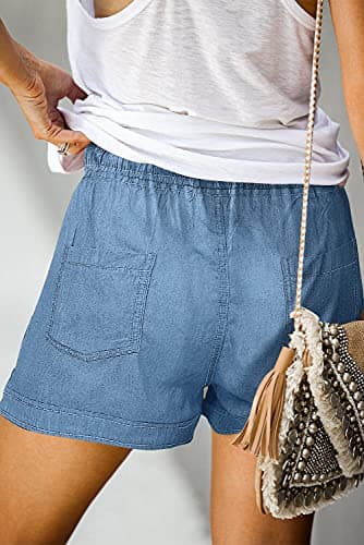 ONLYSHE Womens Ladies Frayed Raw Hem Tencel Drawstring Casual Elastic Waist Denim Jean Shorts for Girl with Pockets Blue-M - Image 3