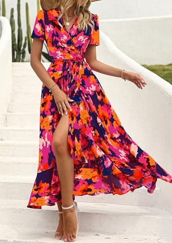 PRETTYGARDEN Women's Summer Wrap Maxi Dress Casual Boho Floral V Neck Short Sleeve Ruffle Hem Split Beach Long Dresses (Blue Orange Floral,Small) - Image 7