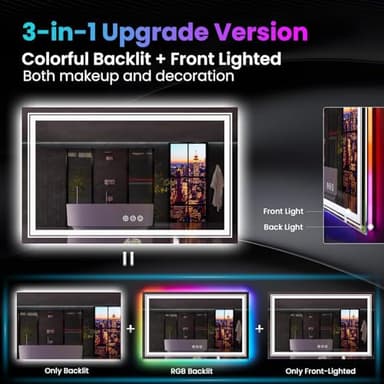 Snowdool LED Mirror for Bathroom, 55"X36" with 8 RGB Backlit +3 Front Lit (Adjustable Individually), Anti-Fog, Large Lighted Bathroom Vanity Mirror for Wall,Shatterproof,Memory Function,Tempered Glass - Image 3