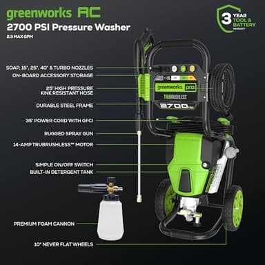 Greenworks 2700 PSI Pressure Washer (2.3 GPM Max) with Foam Cannon - Powerful Enough to Remove Pesky Dirt and Grime on Siding, Fences, Patios, Driveways, and Sidewalks - Image 2