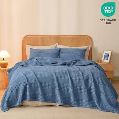 PHF 100% Cotton Waffle Weave Blanket Queen Size for Bed, Soft Lightweight & Breathable, All-Season Comfort, Luxury Aesthetic Woven Bedding for Home Decor, 90"x90", Captain's Blue - Image 5