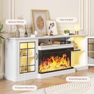 oneinmil Fireplace TV Stand with 3-Sided Glass, TV Cabinet for TVs up to 85", 80'' Modern Media Entertainment Center with Farmhouse Glass Door Storage Cabinets, for Living Room, White - Image 8