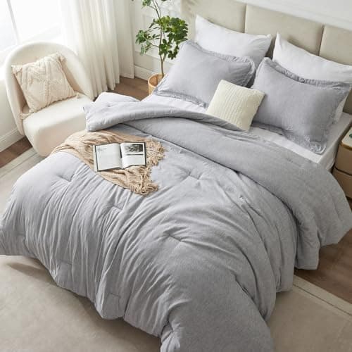 CozyLux Queen Comforter Set - 3 Pieces Light Grey Soft Luxury Cationic Dyeing Queen Comforter for All Season, Light Gray Breathable Lightweight Fluffy Bedding Sets with 1 Comforter and 2 Pillow Shams - Image 1