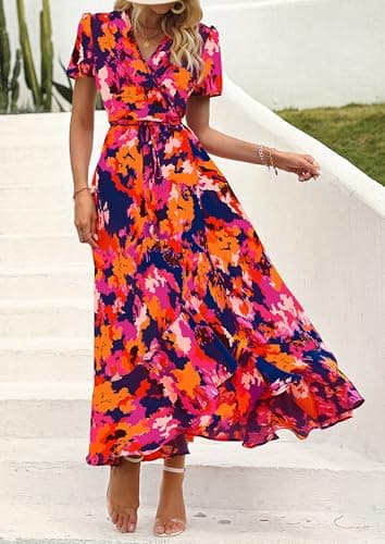 PRETTYGARDEN Women's Summer Wrap Maxi Dress Casual Boho Floral V Neck Short Sleeve Ruffle Hem Split Beach Long Dresses (Blue Orange Floral,Small) - Image 4