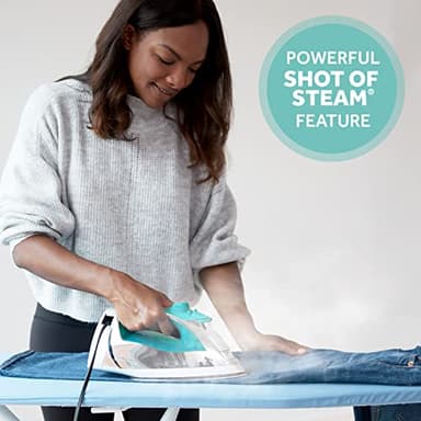 Sunbeam Turbo Steam Iron, 1400 Watt, Nonstick Ceramic Soleplate, Horizontal or Vertical Shot of Steam, Quick Heating, 3-Way Auto-Off, White and Chrome (Chrome/Teal) - Image 2