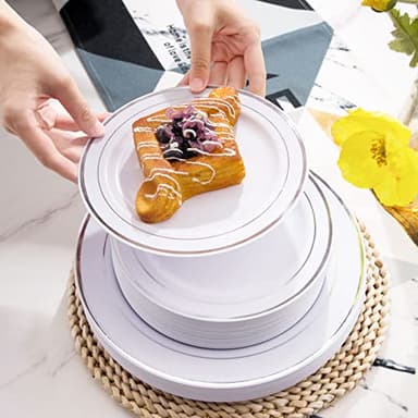I00000 102pcs Silver Plastic Plates, Disposable Plastic Party Plates with White Silver Rim Fancy Wedding Party Plates Include 51 Dinner Plates 10.25" and 51 Dessert Appetizer Plates 7.5" - Image 5