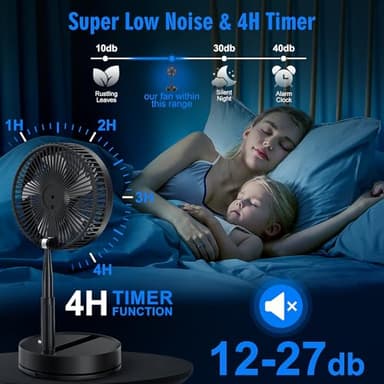 LIPETY Portable Foldable Rechargeable Oscillating Fan - 9" 7200mah Battery Operated USB C Small Fan Remote, Quiet Table Desk Fan Folding Standing Pedestal Fans for Bedroom Rome Office Camping Travel - Image 3