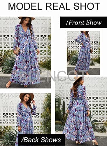 BLENCOT Women's Casual Boho Floral Printed Deep V Neck Loose Long Sleeve Long Evening Dress Ruched Cocktail Party Maxi Wedding Dress Blue Medium - Image 4