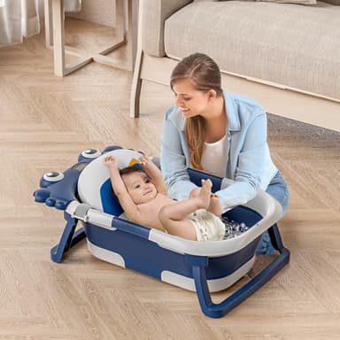 Collapsible Baby Bathtub for Newborns to Toddler with Real-time Temp Monitor & Floating Cushion,Portable Travel Tub for 0-36 Month, Foldable Baby Bath Tub for Infants Boy (Blue) - Image 5