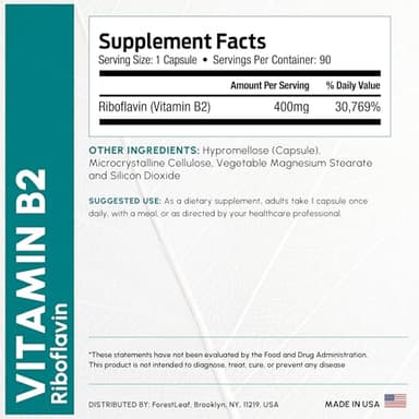 ForestLeaf Vitamin B2 Riboflavin 400mg - Energy, Skin & Cellular Health Supplement - Nervous System Support - Vitamin B 2 VIT B - Non-GMO & Gluten Free - B2 Vitamin 400mg Vegetable Capsules, 90 Count - Image 3