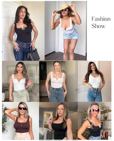 Popilush Bodysuits for Women Tummy Control Country Concert Outfits Date Henley Going Out Tops Black Body Suit Sleeveless Thong Tank Top - Image 2
