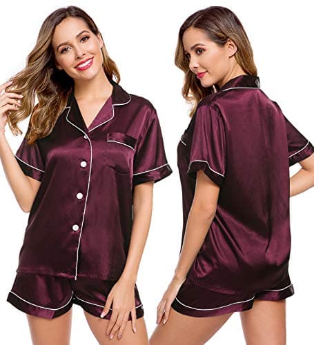 LecGee Womens Silk Satin Pajamas Short Sleeve Loungewear Two-Piece Sleepwear Button-Down Pj Set - Image 1