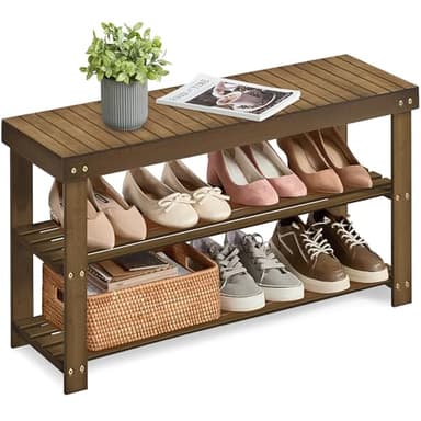 SONGMICS Shoe Rack Bench, 3-Tier Bamboo Shoe Storage Organizer, Entryway Bench, Holds Up to 286 lb, 11.3 x 35.4 x 17.8 Inches, for Entryway Bathroom Bedroom, Yellow Brown ULBS090K01 - Image 1